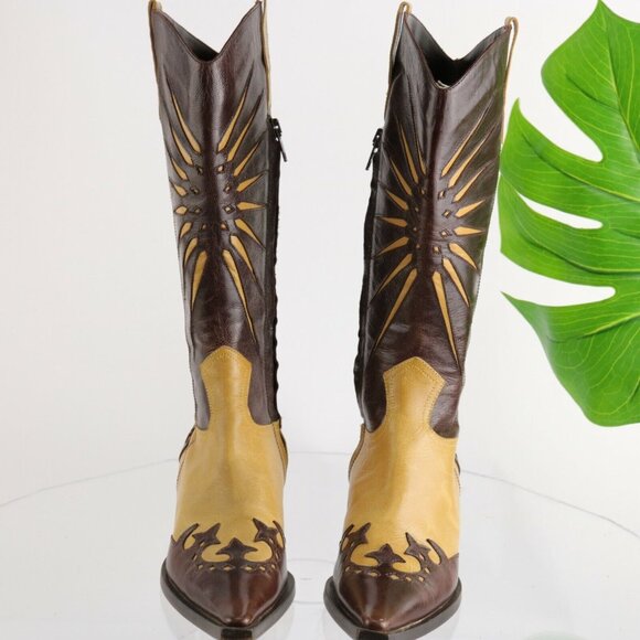 L'Autre Chose Western Womens Boot Size 36 6  Brown Tan Leather Pointed Sunburst - Picture 2 of 12